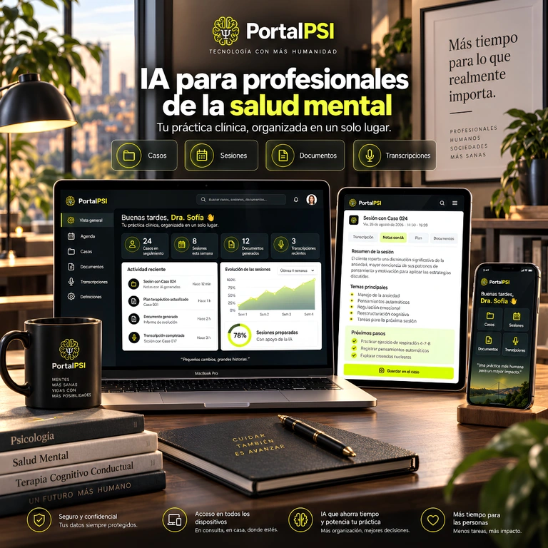 Interfaz de PortalPSI en computadora portátil, tablet y celular